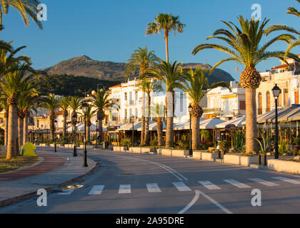 Rethymno, Crète, Grèce. Vue sur la promenade de bord de mer bordée de palmiers, lever du soleil. Banque D'Images