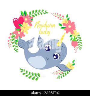 Message d'invitation de douche de bébé ou carte avec nouveau-né cute animal. Carte d'invitation du nouveau-né avec mignon personnage narval dans whreath la frontière de fleurs Illustration de Vecteur