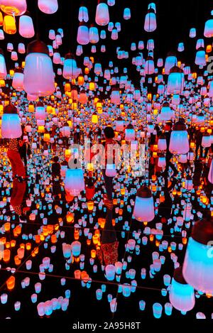 Les visiteurs au milieu d'une installation lumineuse avec des lampes allumées, exposition dans le musée d'art numérique, sans marge d'Odaiba, TeamLab Epson Banque D'Images