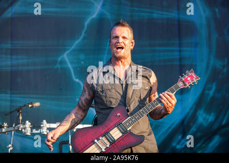 Solvesborg, Suède. 07th, 2019 juin. Le groupe de heavy metal américain troublé effectue un concert live au cours de la fête de la musique suédoise Sweden Rock Festival 2019. Ici le guitariste Dan Donegan est vu sur scène. (Photo crédit : Gonzales Photo - Terje Dokken). Banque D'Images