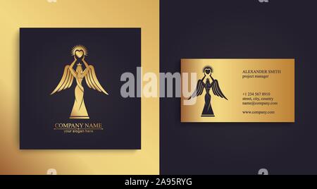 Logo d'une femme avec des ailes tenant un cœur dans les mains avec des rayons. Bonté et Miséricorde. Du Prince pour présentation, modèle d'un concours de beauté. Illustration de Vecteur