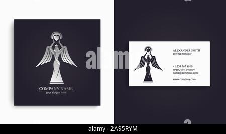 Logo d'une femme avec des ailes tenant un cœur dans les mains avec des rayons. Bonté et Miséricorde. Du Prince pour présentation, modèle d'un concours de beauté. Illustration de Vecteur