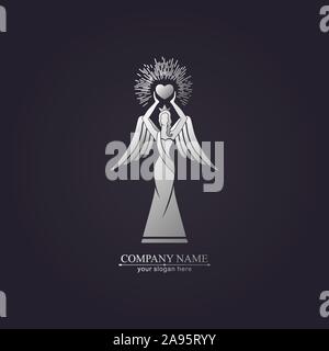 Logo d'une femme avec des ailes tenant un cœur dans les mains avec des rayons. Bonté et Miséricorde. Du Prince pour présentation, modèle d'un concours de beauté. Illustration de Vecteur