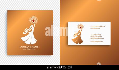 Logo d'une femme avec ses cheveux dans une robe longue tenant un cœur brûlant dans ses mains. Modèle de scénario pour la beauté ou l'entreprise de la concurrence. L'élégance et de c Illustration de Vecteur