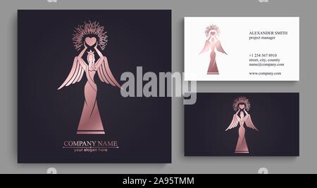 Logo d'une femme avec des ailes tenant un cœur dans les mains avec des rayons. Bonté et Miséricorde. Du Prince pour présentation, modèle d'un concours de beauté. Illustration de Vecteur