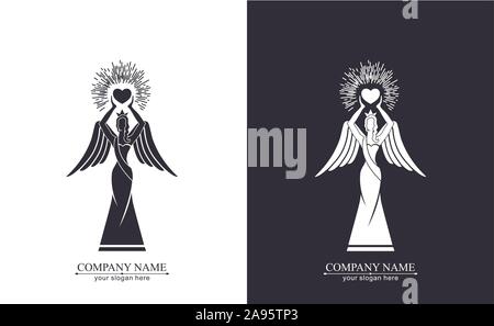 Logo d'une femme avec des ailes tenant un cœur dans les mains avec des rayons. Bonté et Miséricorde. Du Prince pour présentation, modèle d'un concours de beauté. Illustration de Vecteur