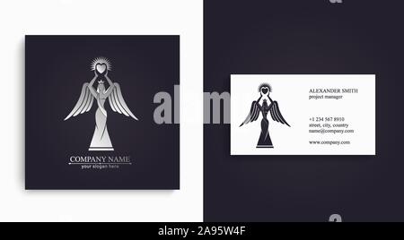 Logo d'une femme avec des ailes tenant un cœur dans les mains avec des rayons. Bonté et Miséricorde. Du Prince pour présentation, modèle d'un concours de beauté. Illustration de Vecteur