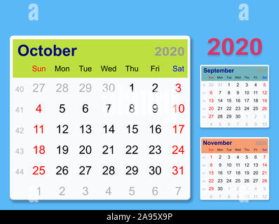 Calendrier de bureau - Octobre 2020 modèle- isolé sur fond couleur Banque D'Images