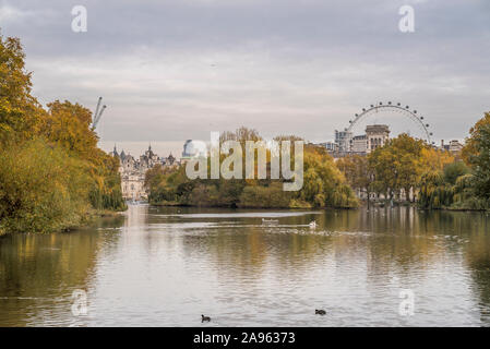 L'automne vue depuis le parc de St James, London, UK, attraction touristique populaire avec le London Eye en arrière-plan. Banque D'Images