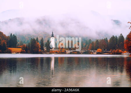 Matin brumeux en automne au lac de Bohinj en Parc National Triglav, Slovénie Banque D'Images