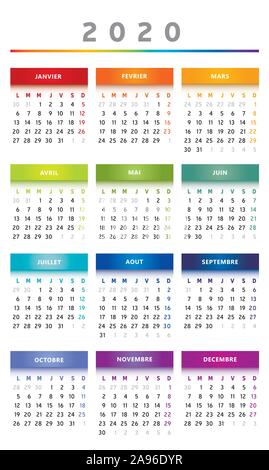 Calendrier 2020 - La langue française - 3 colonnes - multicolore Illustration de Vecteur
