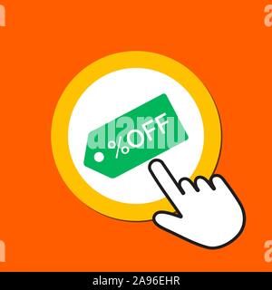 Tag avec off icône word. Concept d'escompte. Curseur de la souris clique sur le bouton. Appuyer sur Push pointeur Illustration de Vecteur