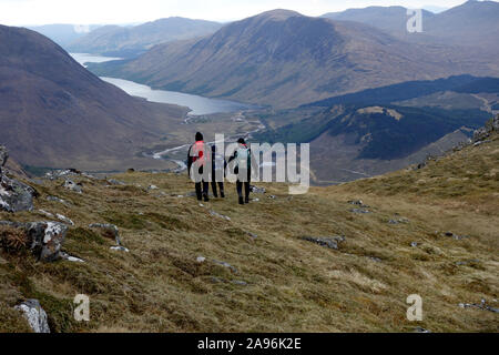 Trois hommes marchant dans l'herbe sur les montagnes écossaises Corbett Stob Dubh (Beinn Ceitein) dans la région de Glen Etive, Highlands, Ecosse, Royaume-Uni. Banque D'Images