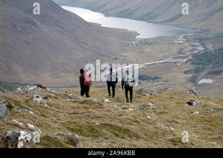 Trois hommes marchant dans l'herbe sur les montagnes écossaises Corbett Stob Dubh (Beinn Ceitein) dans la région de Glen Etive, Highlands, Ecosse, Royaume-Uni. Banque D'Images