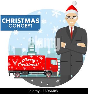 Noël et Nouvel An concept d'entreprise. Illustration détaillée du jeune homme d'affaires dans le Santa Claus hat sur fond rouge avec des camions de livraison et Illustration de Vecteur