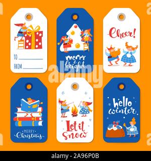 Ensemble de six étiquettes avec des caractères cute elf célébrer Noël Illustration de Vecteur