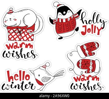 Sticker Noël vecteur défini. Cute cartoon des étiquettes avec des personnages de Noël. Illustration de Vecteur