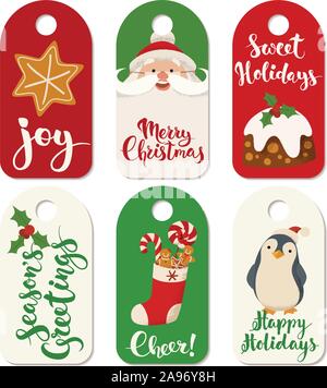 Les étiquettes de Noël avec personnages de Noël et de symboles. Illustration de Vecteur