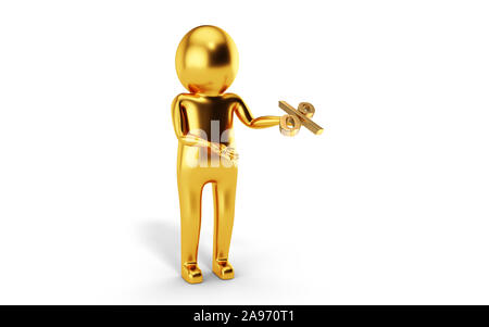 3D Man est maintenant un symbole de pourcentage contre fond blanc. Le rendu 3D. Banque D'Images