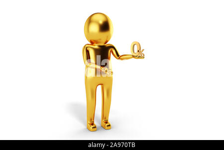 3D Man est maintenant un symbole de pourcentage zéro contre l'arrière-plan blanc. Le rendu 3D. Banque D'Images