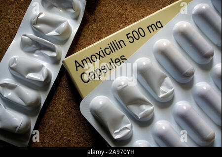 Pack d'amoxicilline 500mg Capsules avec la capsule Feuille.. Médicament antibiotique largement utilisé. Fabricant : Accord Healthcare. Banque D'Images