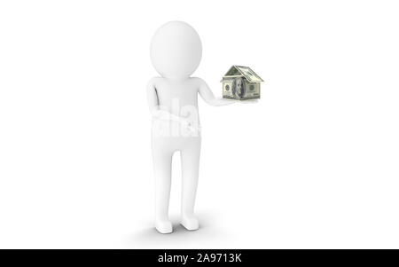 3D Man est maintenant chambre papier forme cents dollars américains contre l'arrière-plan blanc. Le rendu 3D.