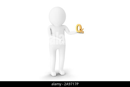 3D Man est maintenant un symbole de pourcentage contre fond blanc. Le rendu 3D. Banque D'Images