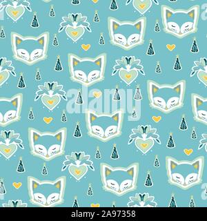 Cute fox, arbre de Noël, coeur, faites à la main en toile de fond. Motif transparent coloré avec des animaux. Cute wallpaper, pour l'impression. Vecteur de fond d'art populaire, de l'illustration. Bonne Année. L'heure d'hiver Illustration de Vecteur