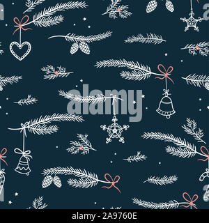 Cute hand drawn seamless pattern avec des branches de sapin et de décoration, grande pour Noël des bannières, wallpapers, emballage, textiles - vector design Banque D'Images