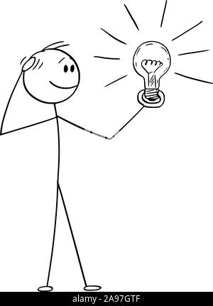 Vector cartoon stick figure dessin illustration conceptuelle de penser l'homme ou homme regardant l'ampoule qui brille dans sa main. Concept de la créativité. Illustration de Vecteur