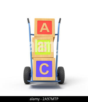 Le rendu 3D de l'alphabet coloré toy blocks montrant 'ABC' signe sur un camion de main Banque D'Images