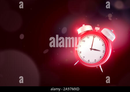 Le rendu 3D de réveil rouge foncé sur fond de néon Banque D'Images