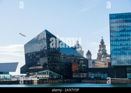 Liverpool, Royaume-Uni - 18 juillet 2019 : classique et de l'architecture à la Liverpool Docks, Port de Liverpool, comme une mouette vole par Banque D'Images