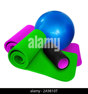 Ballon de fitness avec tapis et rouleau noir Banque D'Images