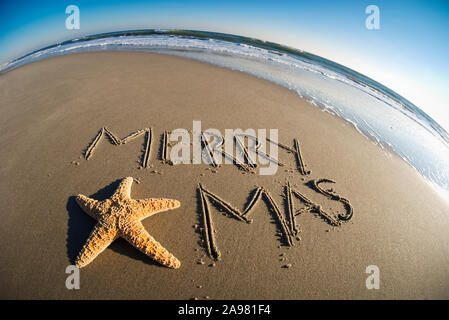 Vue grand angle de Merry X-mas message écrit dans le sable ornée d'une étoile de mer naturel Banque D'Images