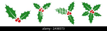 Baie de houx Feuilles isolées. Ensemble d'icônes de Noël modèle plat. Vector illustration. Illustration de Vecteur