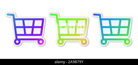 Ensemble d'icônes vectorielles panier. Autocollants papier avec l'ombre. Symboles colorés de magasins isolés. Illustration de Vecteur