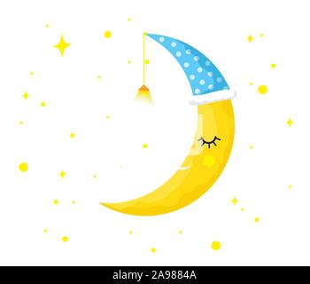 Dormir lune jaune avec des étoiles. Dormir Lune isolés. Icône vecteur. Visage de jolie lune jaune. Illustration de Vecteur