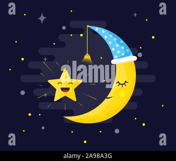 Lune de couchage et heureuse étoile sur un ciel de nuit. Icône vecteur plate. Visage de jolie lune jaune. Illustration de Vecteur