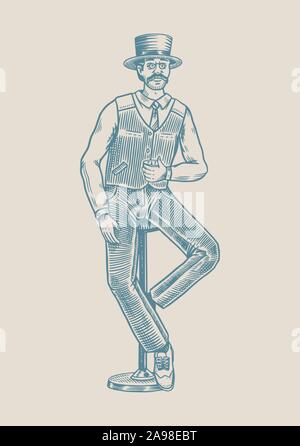 Un homme est assis sur une chaise bar avec un verre de whisky. Vintage Victorian gentleman élégant avec un verre d'alcool fort. Croquis dessinés à la main, gravée pour poster Illustration de Vecteur