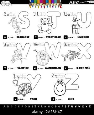 Cartoon noir et blanc Illustration de l'Alphabet Majuscules jeu éducatif pour la lecture et l'écriture de la pratique pour les enfants d'âge élémentaire de S t Illustration de Vecteur