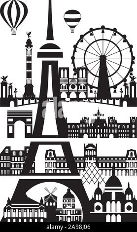 Poster avec monuments de Paris, vector illustration en noir et blanc isolé sur fond blanc. Silhouette vecteur Illustration de landmark Illustration de Vecteur