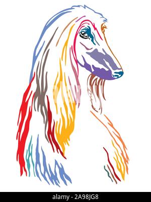 Contour contour décoratives colorées portrait de chien lévrier afghan à la recherche d'illustration vectorielle, de profil, en différentes couleurs isolated on white background Illustration de Vecteur