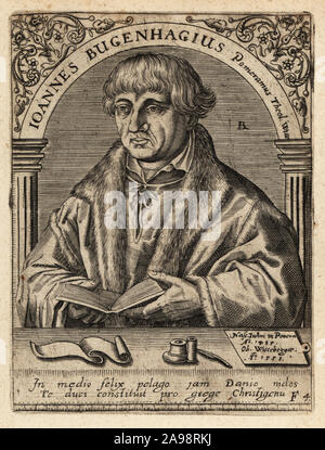 Johannes Bugenhagen, 1485-1558, Médecin, Pomeranus, réformateur protestant du xvie siècle. Bugenhagius Pomeramus .Ioannes Theologus Witteberg. La gravure sur cuivre de Johann Theodore de Bry de la Bibliotheca chalcographica Jean-Jacques Boissard, Johann Ammonius, Francfort, 1650. Banque D'Images