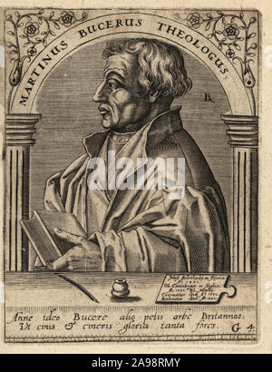 Martin Bucer ou Martin Butzer, 1491-1551, réformateur protestant allemand. Martinus Bucerus Theologus. La gravure sur cuivre de Johann Theodore de Bry de la Bibliotheca chalcographica Jean-Jacques Boissard, Johann Ammonius, Francfort, 1650. Banque D'Images