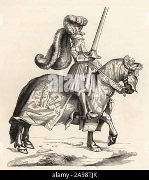 Un champion d'un tournoi. Chevalier en armure à cheval avec grand heaume et lance de joute. Gravure par Burgmayer après un design par Albrecht durer dans Vita imperatoris Maximiliani, 15e siècle. Champion de tournoi. Gravure sur bois de Paul Lacroix's La Vie militaire et religieuse au Moyen Age et a l'Epoque de la Renaissance, la vie militaire et religieuse au Moyen Âge et à la Renaissance, Paris, 1873. Banque D'Images