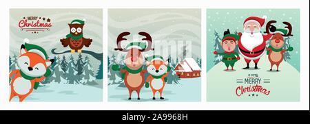 Joyeux joyeux noël carte avec caractères mignon Illustration de Vecteur
