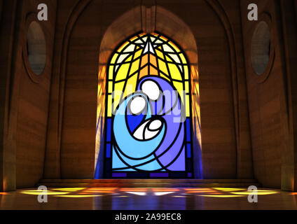 Un grand vide intérieur de l'église en pierre éclairées par la lune à travers un vitrail représentant la scène de la nativité - 3D render Banque D'Images