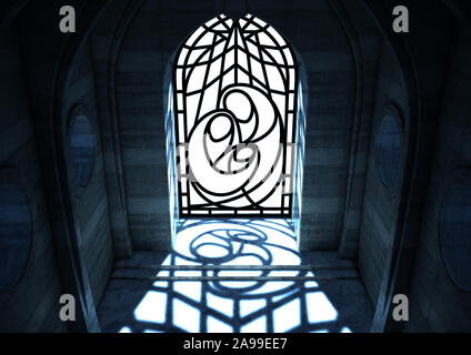 Un grand vide intérieur de l'église en pierre éclairées par la lune à travers une fenêtre en verre décoratif représentant la scène de la nativité - 3D render Banque D'Images