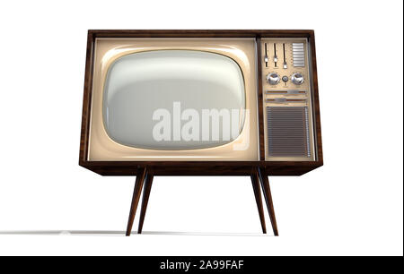 Un concept de télévision vintage des années 70 en plastique chrome et bois sur un fond studio blanc isolé - 3D render Banque D'Images